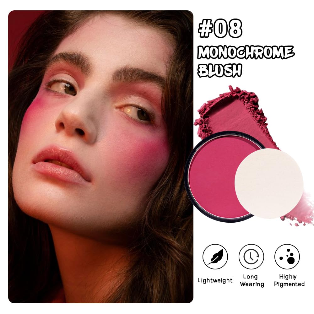 Natural Single Matte for Face Cheeks Blush with Makeup Powder Puff,Bright Red Monochrome Blusher Cream Powder Makeup Palette Blush Long-lasting Color Blendable Foundation for Women Every Day 08