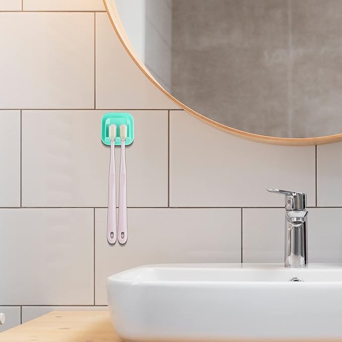 2 PCS Self-Adhesive Toothbrush Holders Wall Mounted, Water Proof Toothbrush Hook, 2 in 1 with Toothbrush Hanger and Gargle Cup Holder for Bathroom Shower (Green)