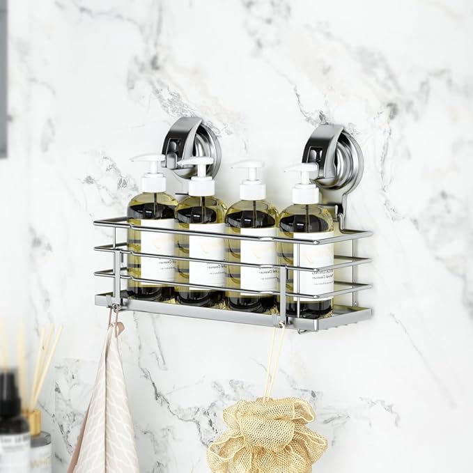 Shower Caddy, Suction Cup Shower Shelf with Hooks, Shower Organizer Rust Proof SUS304 Stainless Steel, Silver
