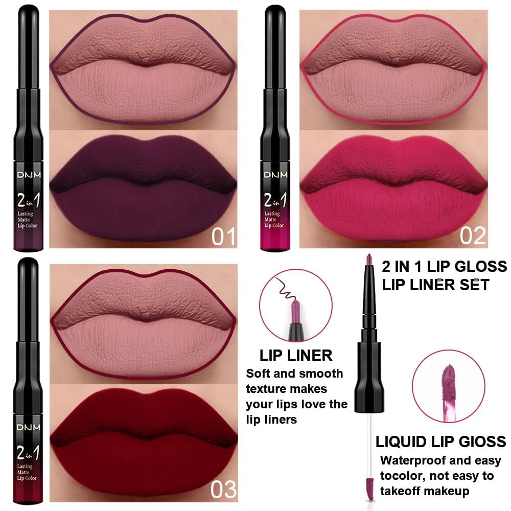 3Pcs 2 in 1 Dark Plum Purple Rose Dark Red Lip Liner and Liquid Lipstick Stain Makeup Set for women, Long Lasting Smudge Proof Lip Tint Matte Finish Lip Gloss for All-Day Color Hold Easy to Use, Set01