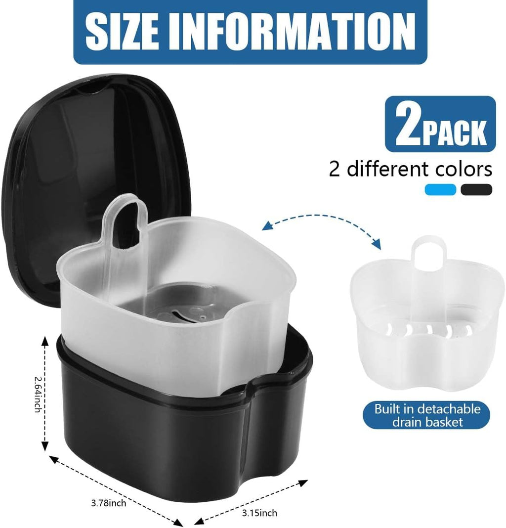 2 Pack Colors Denture Bath Case Cup Box Holder Storage Soak Container with Strainer Basket for Travel Cleaning (Light Blue and Black)