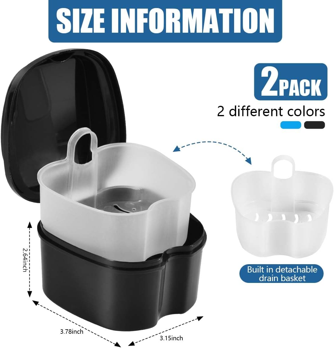 2 Pack Colors Denture Bath Case Cup Box Holder Storage Soak Container with Strainer Basket for Travel Cleaning (Light Blue and Black)