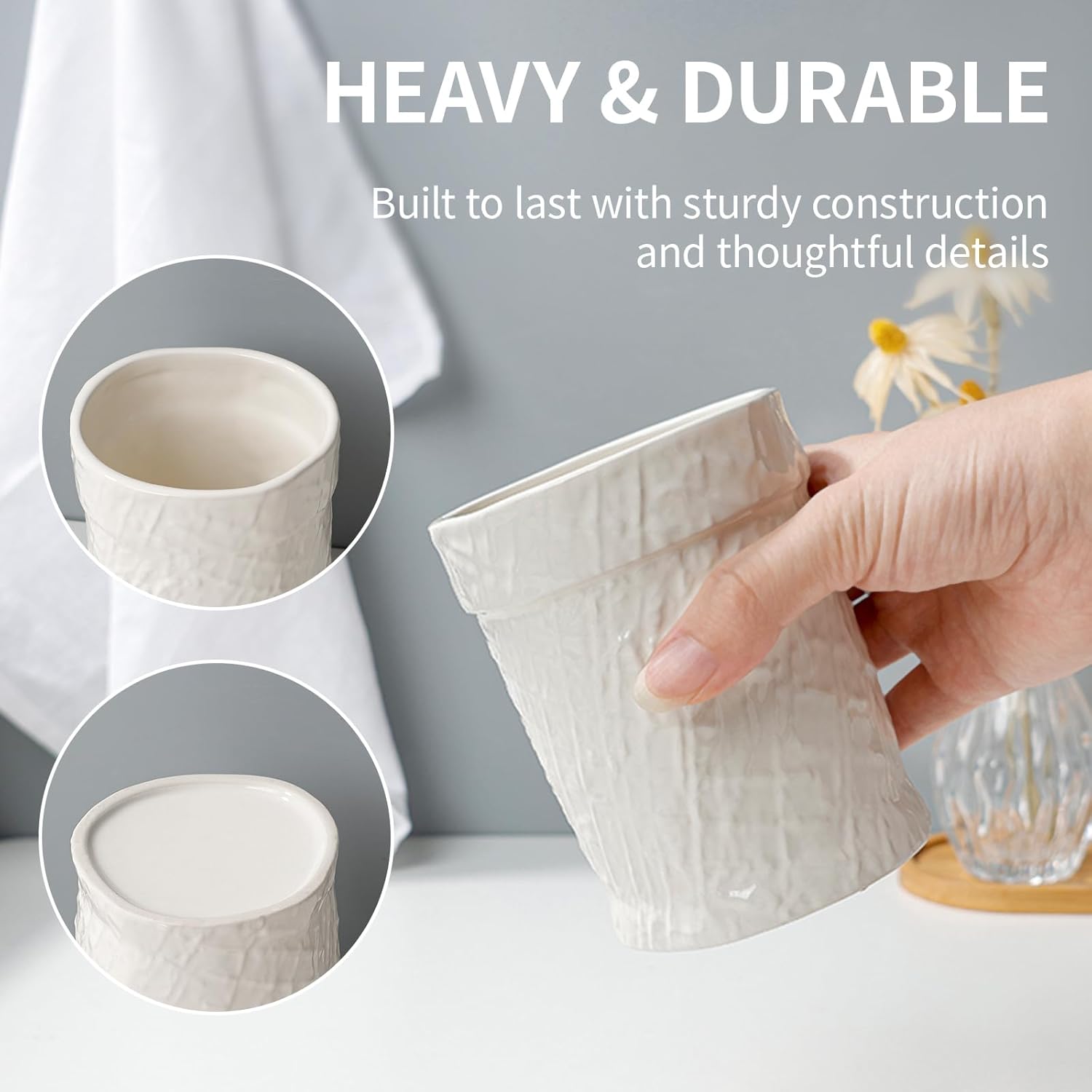 Toothbrush Holder, Tooth Brush Holder for Bathroom - Ceramic Toothbrush Cup Beige Toothbrush Holders Countertop, Makeup Brush Holder Pen Holder, 3.54" x 3.54" x 4.33", ANTIS'S HOME