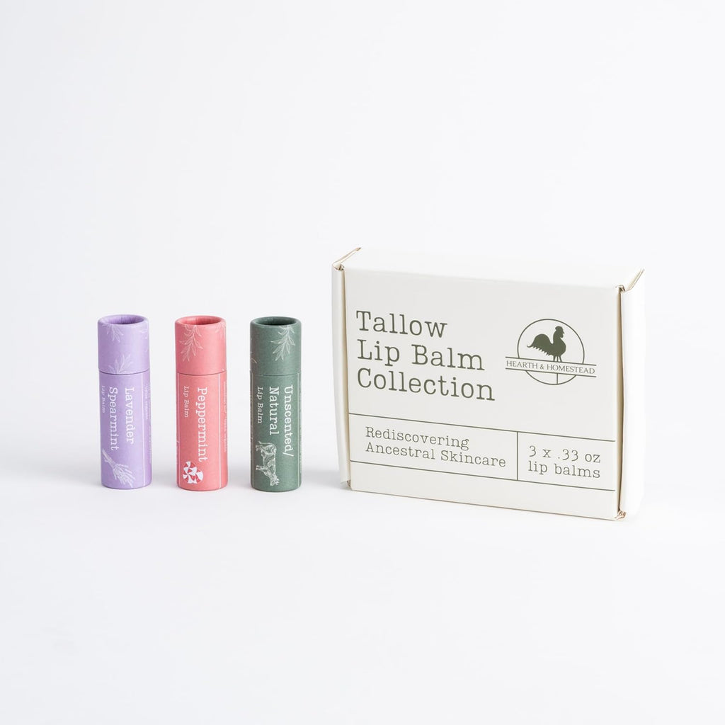 Hearth and Homestead: Handmade Tallow Lip Balm Collection: Unscented/Peppermint/Lavender-Spearmint (3x .33 oz)