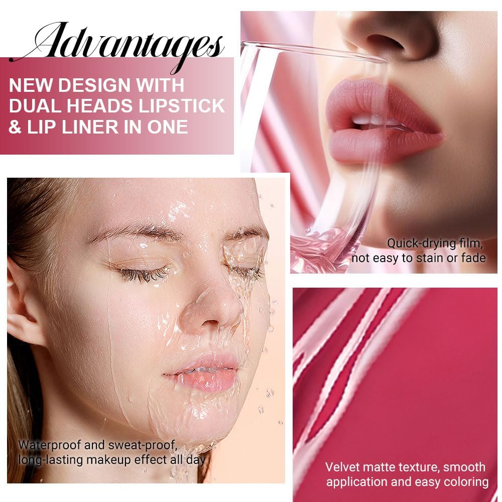 1Pcs 2 in 1 Bright Red Matte Lip Liner and Liquid Lipstick Stain Makeup Set for women, Red Long Lasting Smudge Proof Lip Tint Matte Finish Lip Gloss for All-Day Color Hold Easy to Use 13#