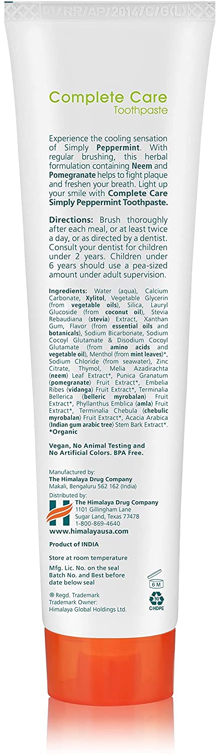 Himalaya Botanique Complete Care Toothpaste with Xylitol and Neem, Mint Flavor - Fluoride Free Toothpaste for Clean Teeth & Fresh Breath - Vegan, Gluten Free, No Artificial Flavors or Colors, 5.29 oz
