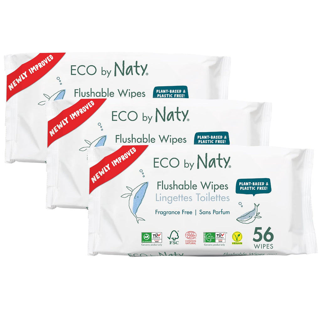 Eco by Naty Flushable Baby Wipes - Compostable and Plant-Based Wipes, Chemical-Free and Hypoallergenic Baby Wipes Safe for Baby Sensitive Skin, 56 Wipes Per Pack (3 Pk)