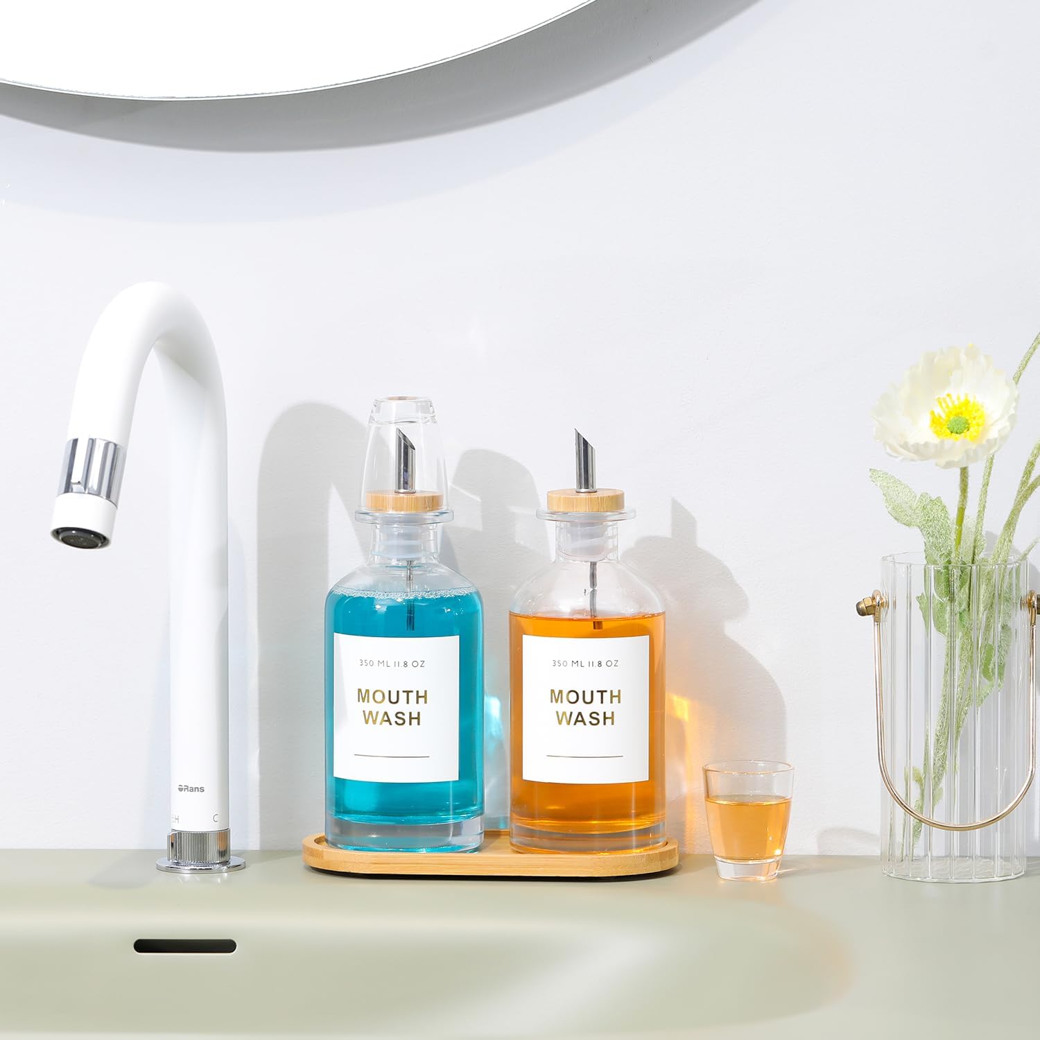 11.8OZ Glass Mouthwash Dispenser for Bathroom with Stainless Steel & Bamboo Nozzle, Mouthwash Cup Reusable, Bamboo Tray, and Elegant Gold Sticker.Set of 2（Clear