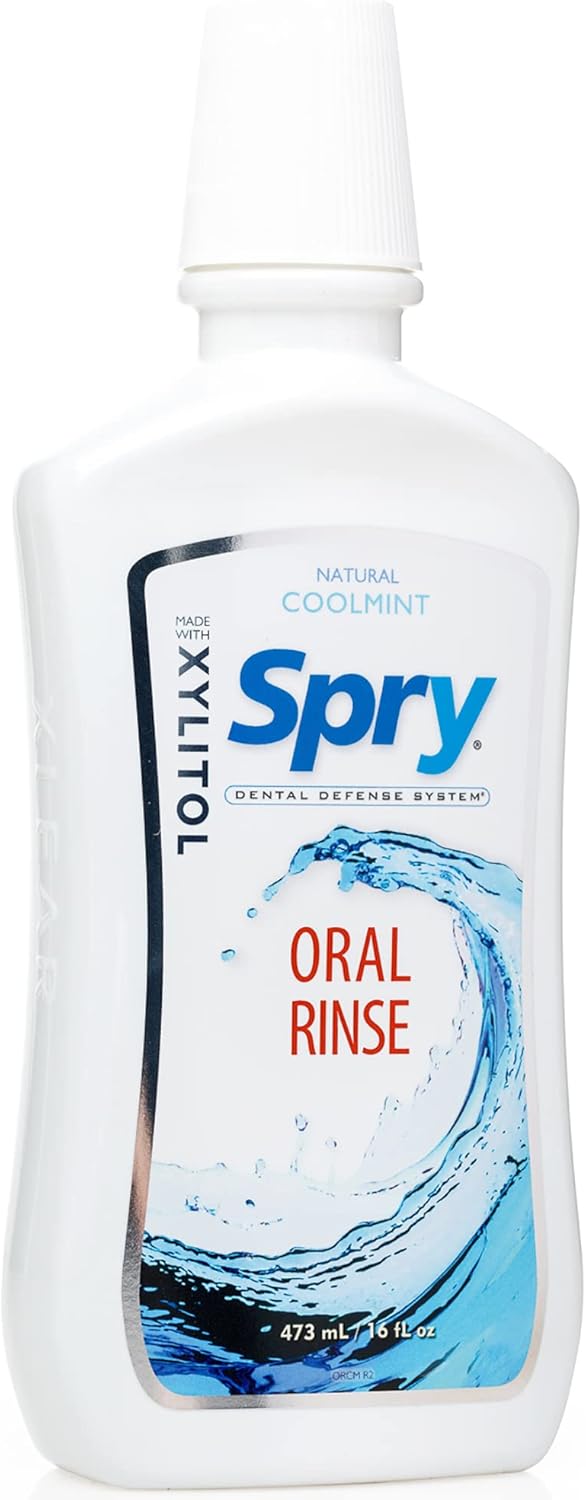 Spry Natural Xylitol Mouthwash Fluoride Free with Enamel Support, Gentle Alcohol Oral Rinse, Non-GMO, Coolmint - 16 fl oz (Pack of 2)