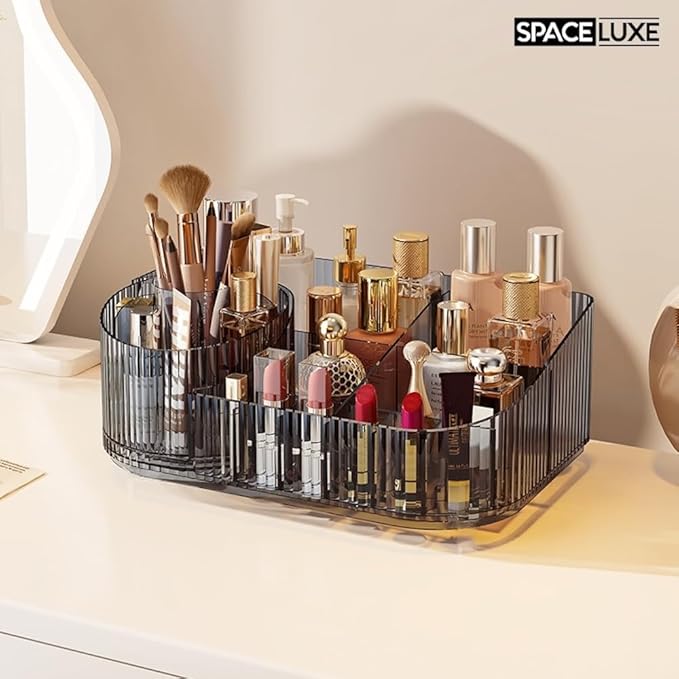 Makeup Organizer with Drawers and 360° Rotating Brush Holder, Large Capacity Cosmetic Storage for Vanity, Skincare, Perfume, Hair Accessories, Lipstick & Jewelry (Transparent Gray, 2-layer)