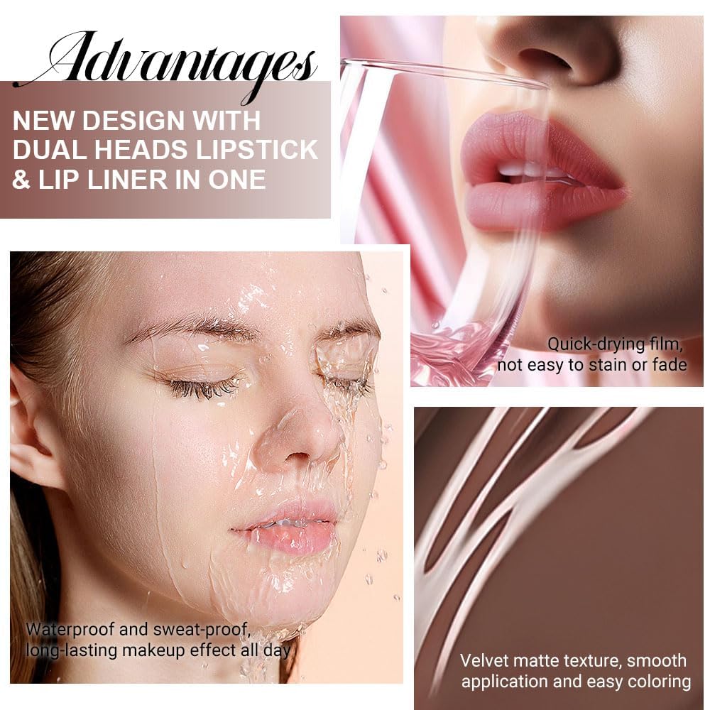 1Pcs 2 in 1 Nude Brown Matte Lip Liner and Liquid Lipstick Stain Makeup Set for women, Brown Long Lasting Smudge Proof Lip Tint Matte Finish Lip Gloss for All-Day Color Hold Easy to Use 25#