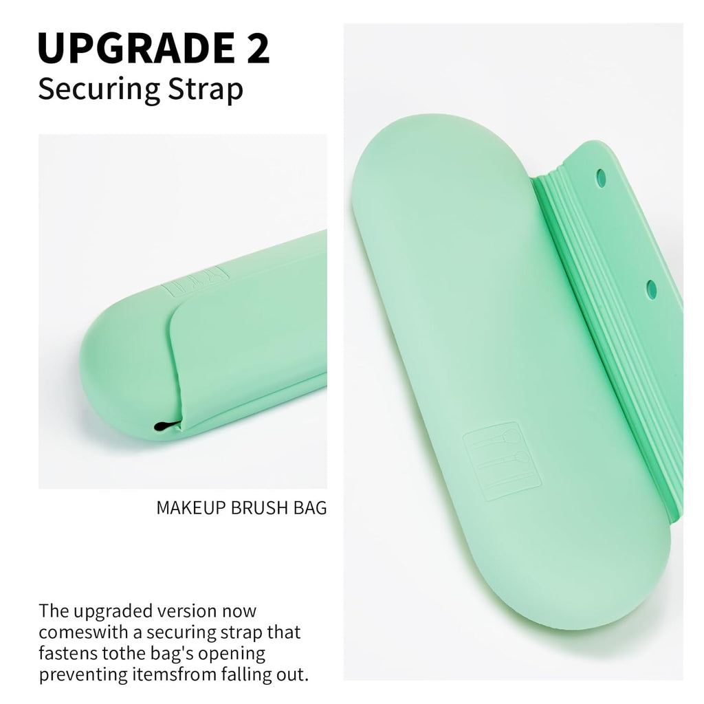 Silicone Makeup Brush Holder Travel Cosmetic Bag：Soft Portable Cosmetic Face Brushes Holder with Upgrade Anti-Fall Out Magnetic Closure, Large Travel Makeup Brush Case - Green