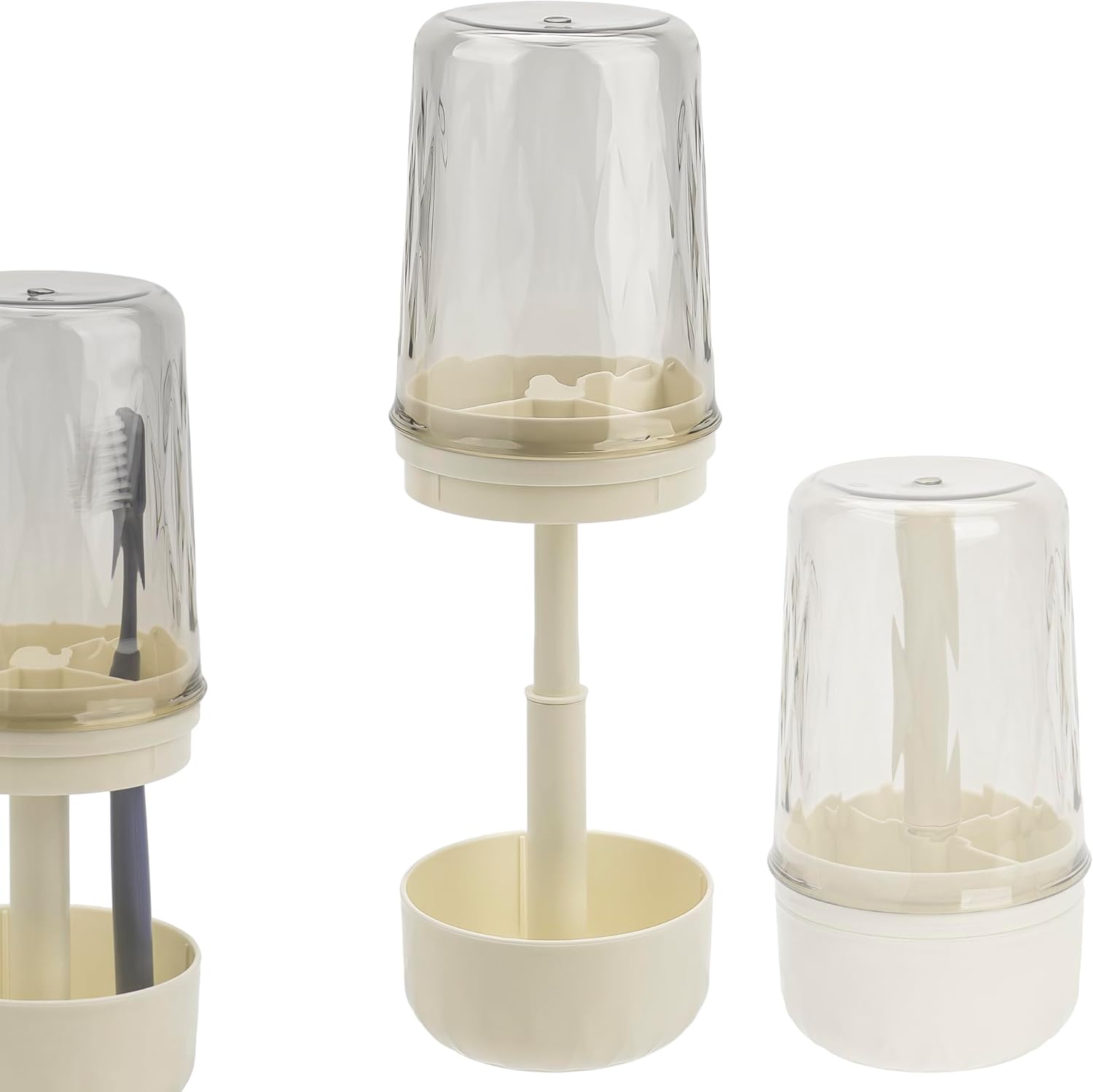 Toothbrush Holder Stand with Cup/Cover, Adjustable Height Toothbrush Organizer with 3 Slots, Portable for Bathroom, Travel, Camping (White)