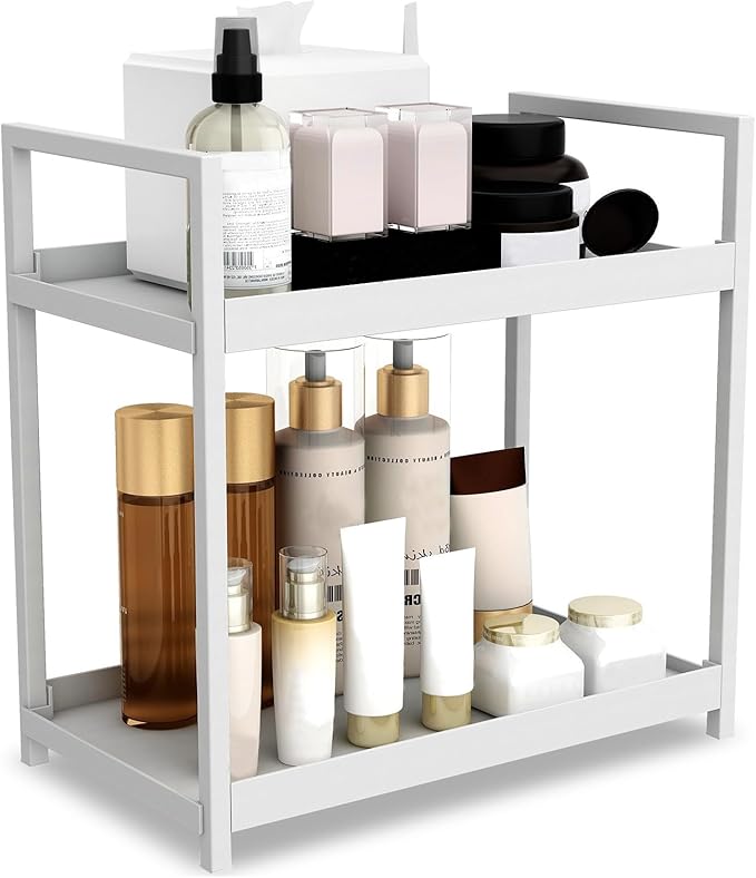 2-Tier Bathroom Counter Organizer with Basket, Vanity Tray Shelf, Bathroom Organizer Countertop, Vanity Organizer Bathroom Tray, Makeup And Skincare Organizers for Vanity, Kitchen Spice Rack (White)