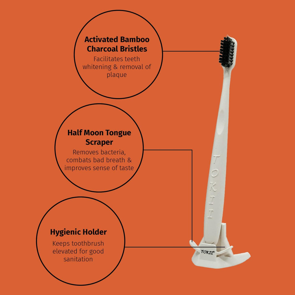 TOKII Tongue Scraper Cleaner Charcoal Bristles Toothbrush for Bad Breath with Waterproof Pouch for Travel, Hygienic Stand and Enviromentally Friendly (White, Pack of 2)