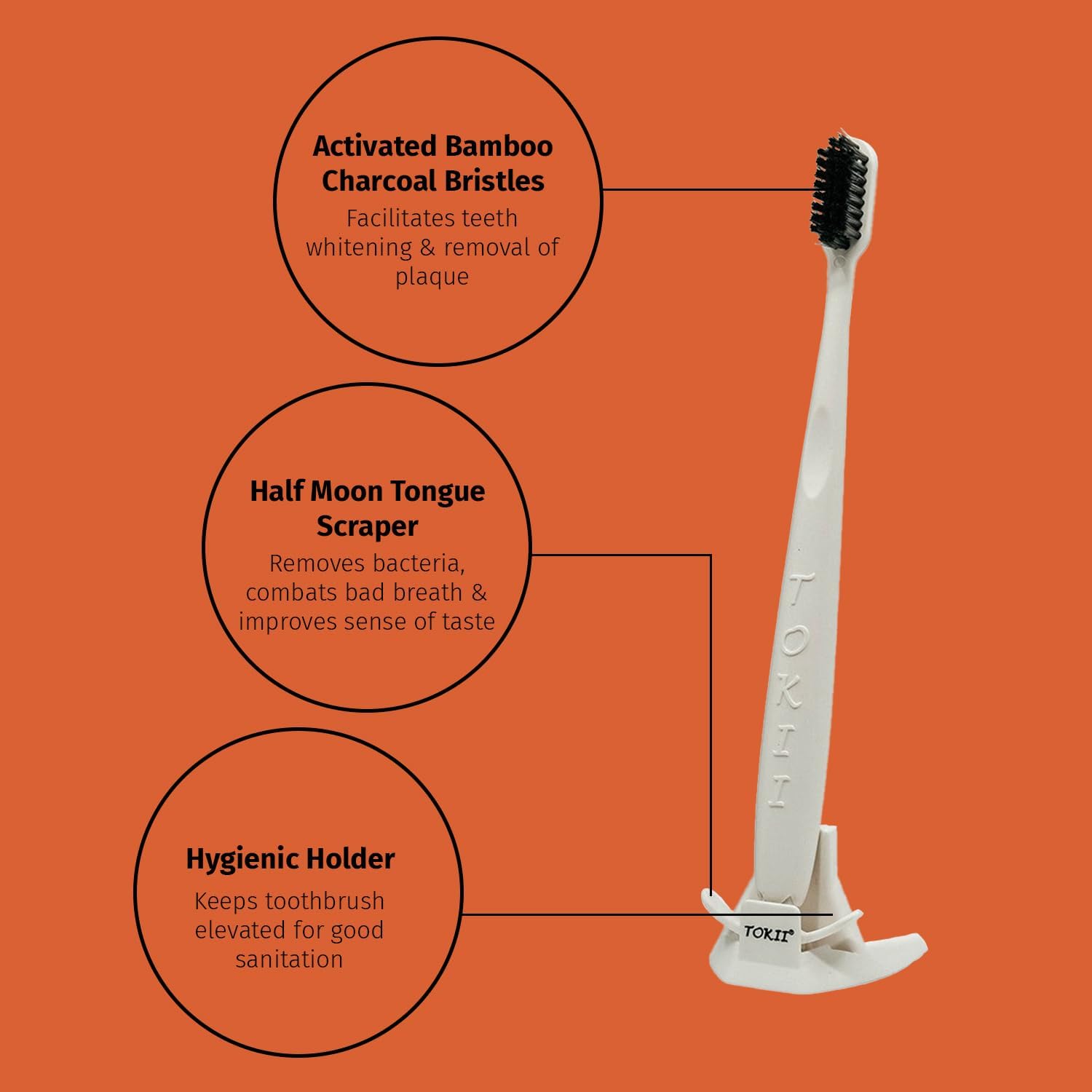 TOKII Tongue Scraper Cleaner Charcoal Bristles Toothbrush for Bad Breath with Waterproof Pouch for Travel, Hygienic Stand and Enviromentally Friendly (One Black & One White)