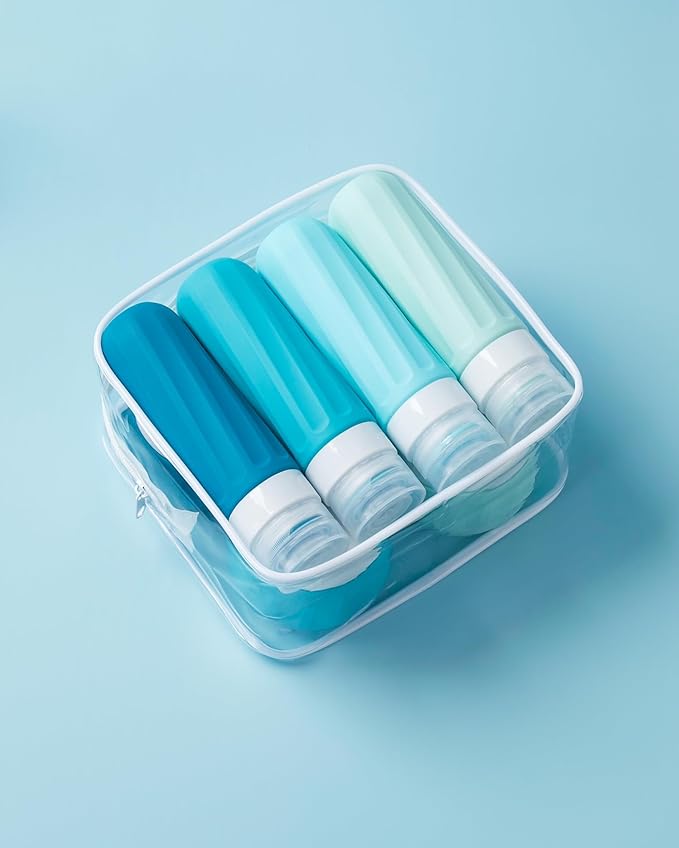 Travel Size Toiletries 8 Pack, TSA Approved 3oz Silicone Squeeze Bottles & Cream Jars with Clear Travel Bag