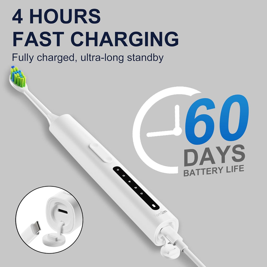 7AM2M Sonic Electric Toothbrush for Adults and Kids, 40000VPM Power Toothbrushes, USB-C Rechargeable with 4 Brush Heads, 5 Modes, 2 Minutes Built in Smart Timer, One Charge for 60 Days (White)