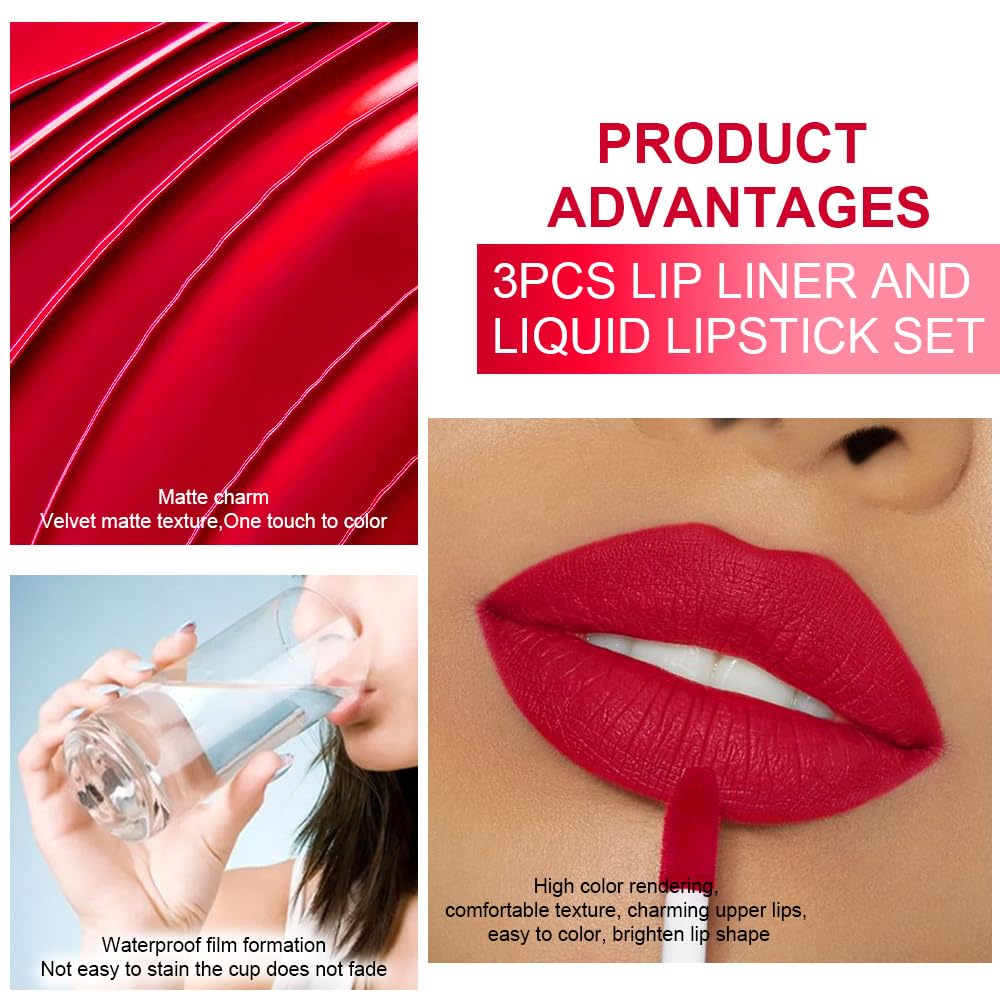 3Pcs 2 in 1 Dark Red Orange Red Fire Red Matte Lip Liner and Liquid Lipstick Stain Makeup Set for women, Long Lasting Smudge Proof Lip Tint Matte Finish Lip Gloss for All-Day Color Hold, Set29
