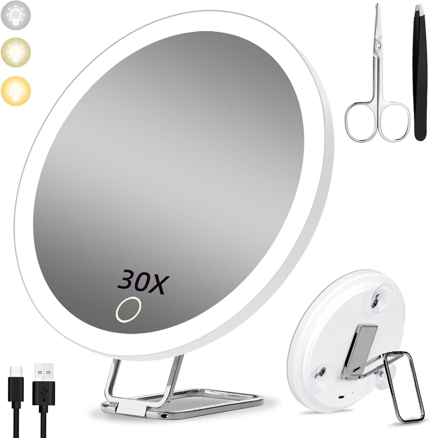 Rechargeable 30X LED Magnifying Mirror with 3 Colors Modes Dimming Light, 6" Makeup Mirror with 3 Suction Cups and 360 Table Stand