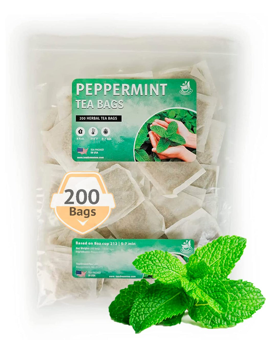 TeaDreamTea Peppermint Tea Bags - Alleviates Digestive Discomfort | Herbal, Aromatic & Caffeine Free | Healthy Mint Tea (200 Bags)