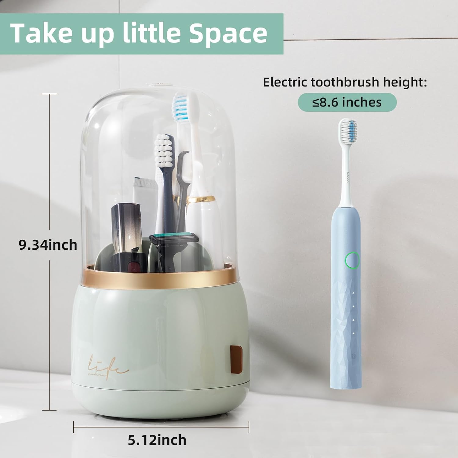 Toothbrush Holders for Bathrooms, Rotating 7 Slots Electric Toothbrush Holders with Cover, Countertop Toothpaste Organizers (Light Green)