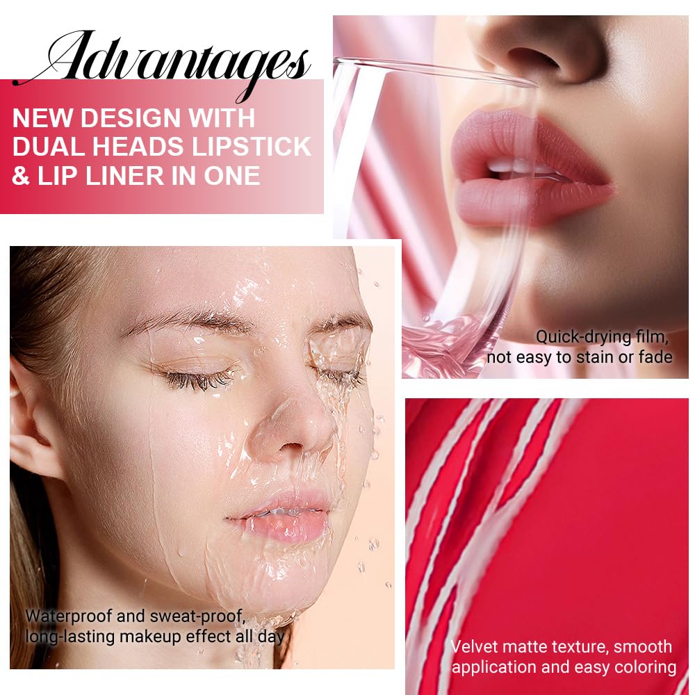 1Pcs 2 in 1 Fire Red Matte Lip Liner and Liquid Lipstick Stain Makeup Set for women, Fire Red Long Lasting Smudge Proof Lip Tint Matte Finish Lip Gloss for All-Day Color Hold Easy to Use 64#