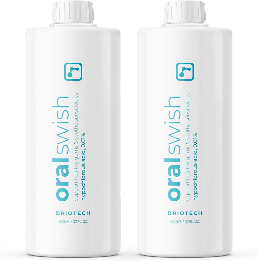 BRIOTECH Oral Swish, Hypochlorous Acid Mouthwash Rinse, Gentle Oral Care Hygiene, Fight Bad Breath, Support Against Plaque, Gum Irritation & Tender Gums, Alcohol & Fluoride Free, 32 fl oz (2 Pack)