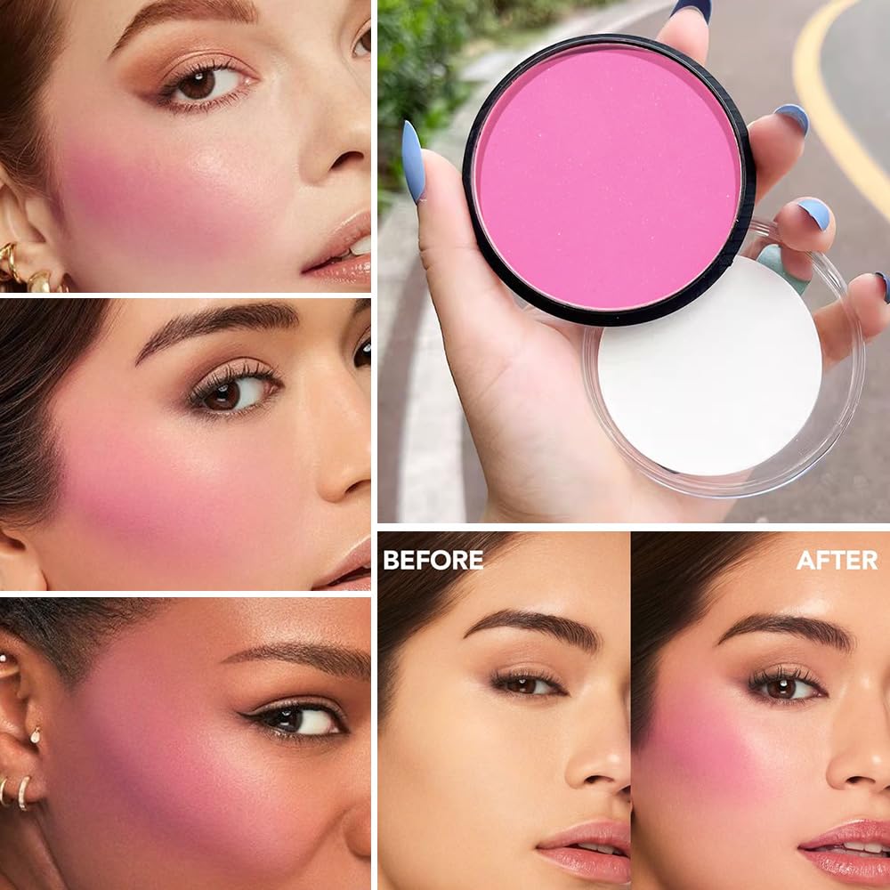 Natural Single Matte for Face Cheeks Blush with Makeup Powder Puff, Rose Pink Monochrome Blush Cream Powder Makeup Palette Blushes Long-lasting Color Blendable Foundation for Women Every Day 01