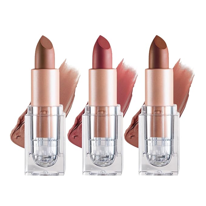 3PCS Matte Nude Lipstick Set Velvet Lip Gloss Non-Fading Non-Sticky Cup Nude Lipstick Matte Lip Stain Long Lasting Waterproof Lipstick for Women Girls Daily Lip Makeup - Set D