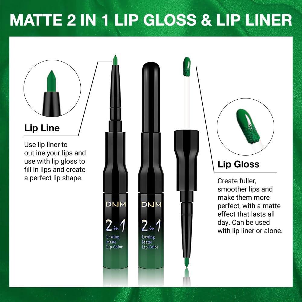 1Pcs 2 in 1 Forest Green Purple Matte Lip Liner and Liquid Lipstick Stain Makeup Set for women, Green Long Lasting Smudge Proof Lip Tint Matte Finish Lip Gloss for All-Day Color Hold Easy to Use 48#