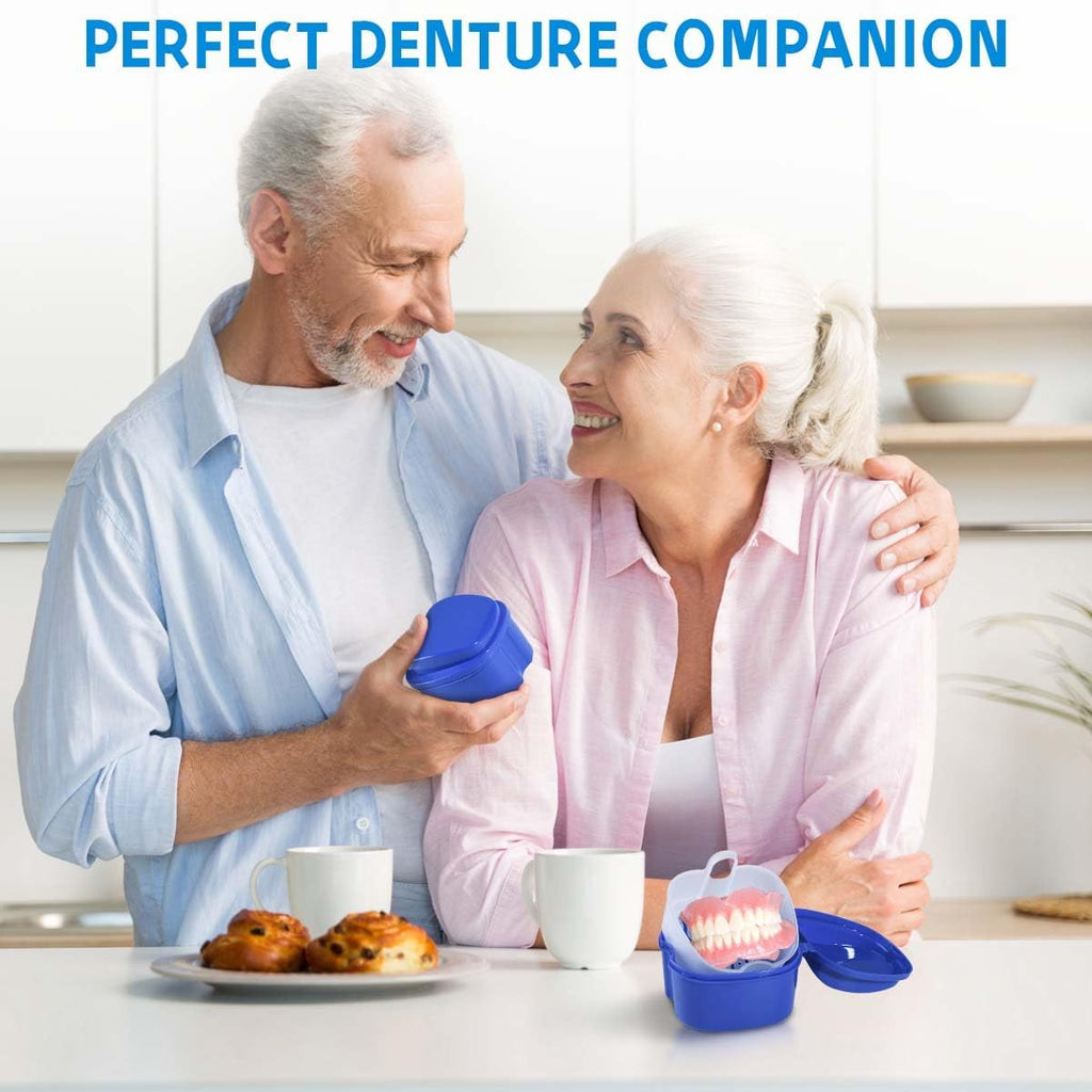 White Denture Bath Case Cup Box Holder Storage Soak Container with Strainer Basket for Travel Cleaning