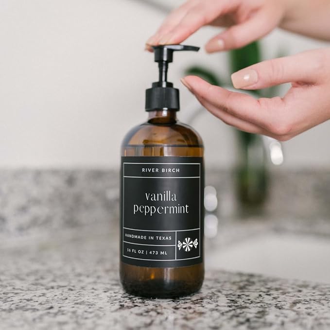 River Birch Vanilla Peppermint Scented Natural Hand Soap - Handmade Soap - Moisturizing Hand Wash with Amber Glass Dispenser - Luxury Scented Hydrating Hand Soap - Vegan and Non-Toxic - 16 Fl Oz