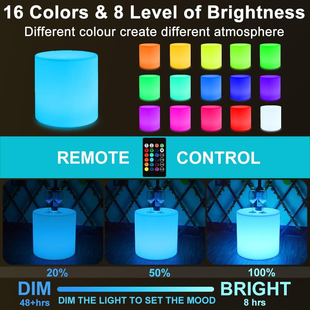 16-inch LED Cylinder Stool, Rechargeable Glowing Chair w/Remote, Dimmable 16 RGB Colors Changing Versatile LED Side Seat/Table, Waterproof Round Chair Light Mood Lamp for Home Garden Patio Party Decor