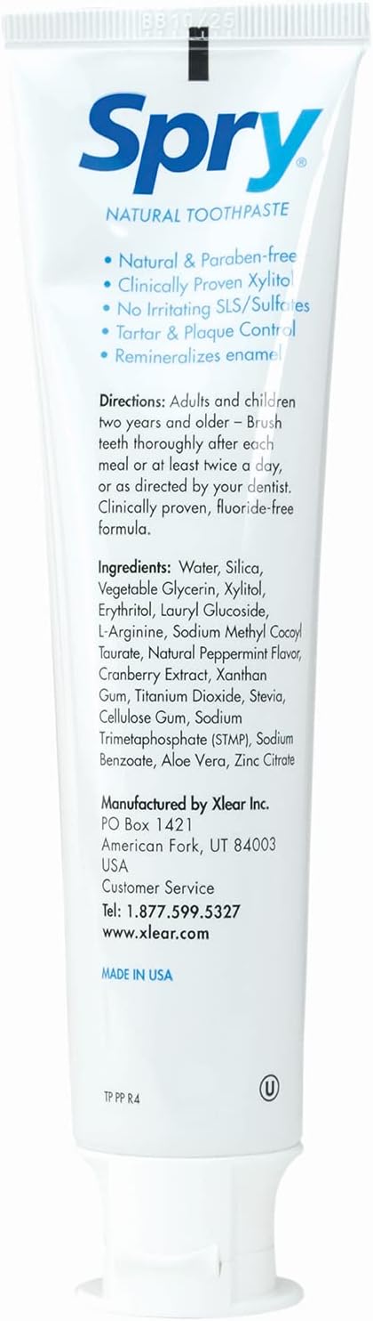 Spry Natural Xylitol Toothpaste 5oz for Adults and Kids - Fluoride Free, Gentle for Sensitive Teeth Whitening and Remineralizing, Breath Freshening, Mouth Moisturizing, Peppermint (Pack of 1)