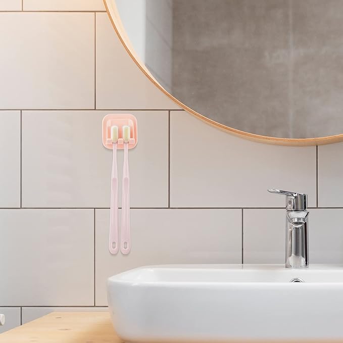2 PCS Self-Adhesive Toothbrush Holders Wall Mounted, Water Proof Toothbrush Hook, 2 in 1 with Toothbrush Hanger and Gargle Cup Holder for Bathroom Shower (Pink)