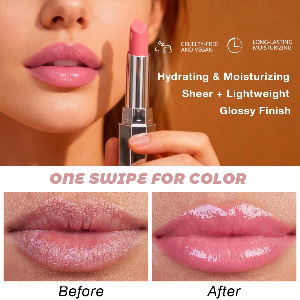 Kaely Pink Honey Lipstick Tinted Lip Balm, Hydrating Shine Lipstick for Women Dry Lips, Moisturizing Nourishing Glossy Lip Gloss Stain Makeup, Sheer Lightweight, Vegan & Cruelty-Free, 02