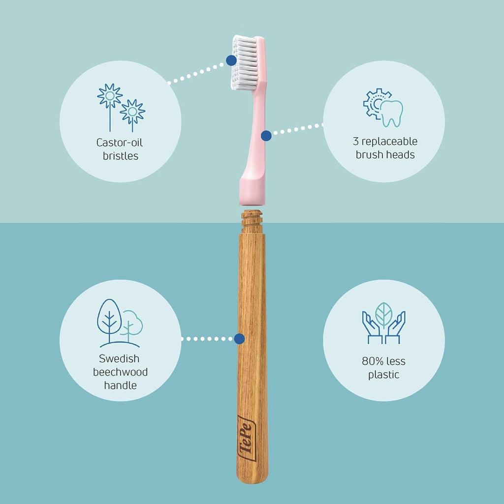 TePe Choice Toothbrush, Soft, Pink, 1pc Wooden Handle 3pcs Brush Heads, Soft Bristle Toothbrush, Good for Teeth Cleaning and Plaque Removal