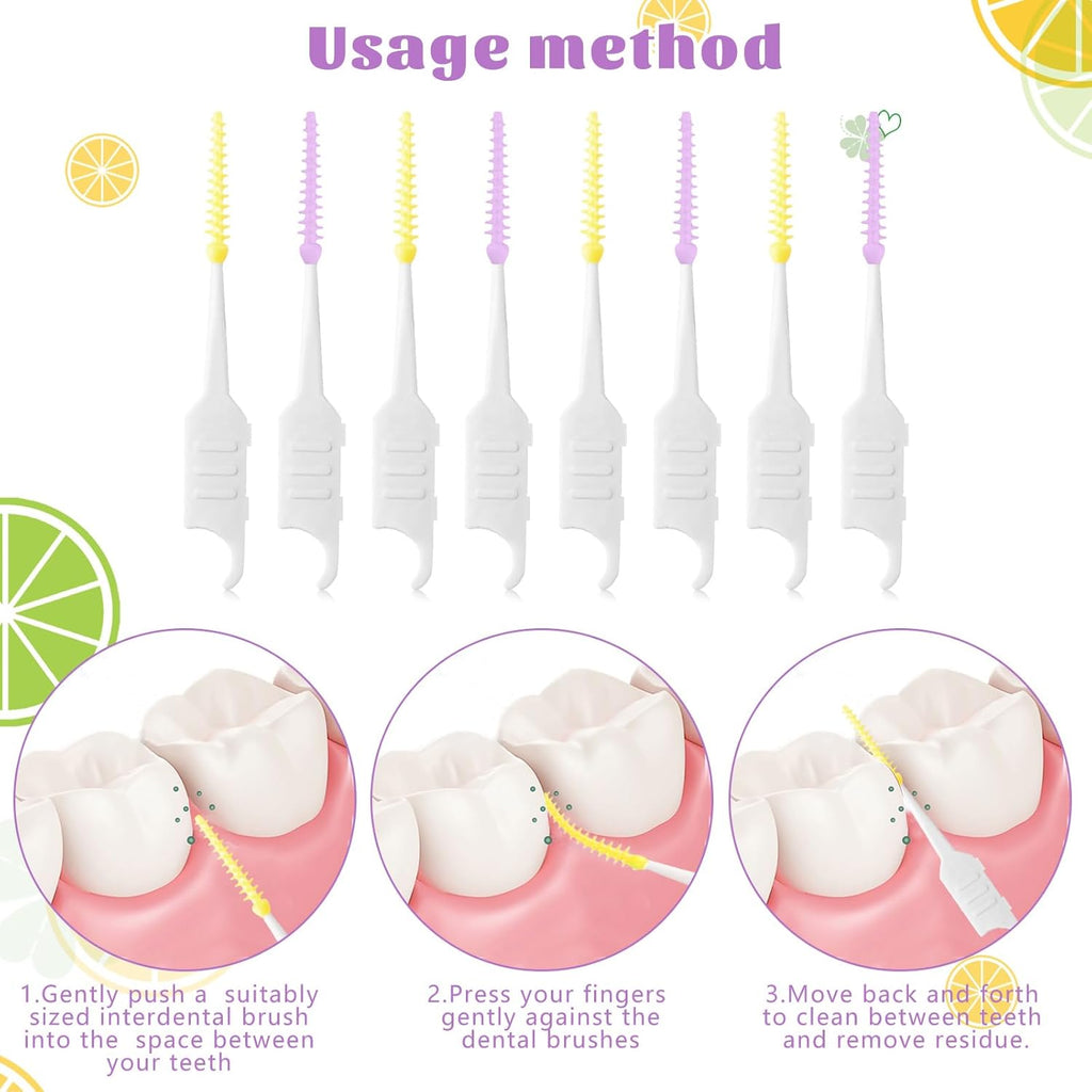 250 Pieces Interdental Brushes, Silicone Dental Floss Picks with Case Dental Brushes Dental Picks Tooth Floss Picks for Teeth Cleaning(Yellow, Purple)
