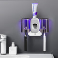 3 in 1 Toothbrush Cleaner Holders,Rechargeable Wall Mounted Toothbrush Holder Toothpaste Dispenser Automatic 2 Cups Tooth Brush Holder for Bathroom, No Drilling, 4 Slots (Grey)