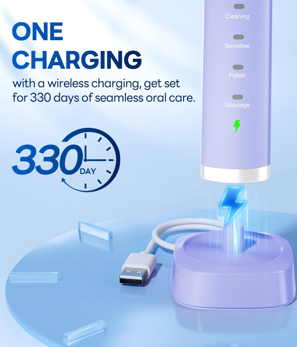 Bymore Electric Toothbrush for Adults,Travel Sonic Toothbrush with 8 Replacement Heads, Ultra Clean RechargeableToothbrush Portable One Charge for 330days 5 Modes 2mins Timer-Purple