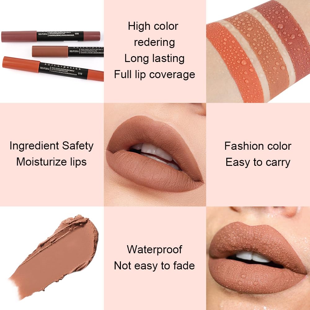 evpct 1Pcs Light Nude Brown Matte Lipstick and Lip Crayon Liner Pencil Set for Women Lip Stain Long Lasting Waterproof labiales mate magicos 24 horas originales pintalabios permanente 24 horas 17