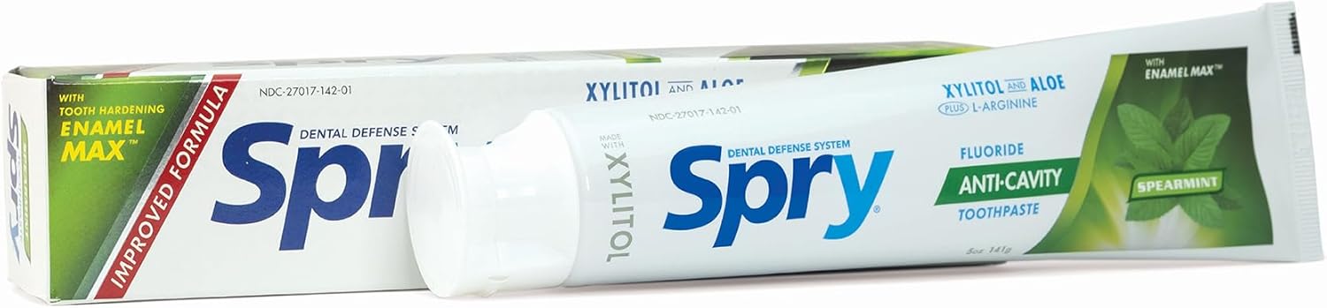 Spry Natural Xylitol Toothpaste 5oz for Adults and Kids with Fluoride, Gentle for Sensitive Teeth Whitening and Remineralizing, Breath Freshening, Mouth Moisturizing, Spearmint (Pack of 2)