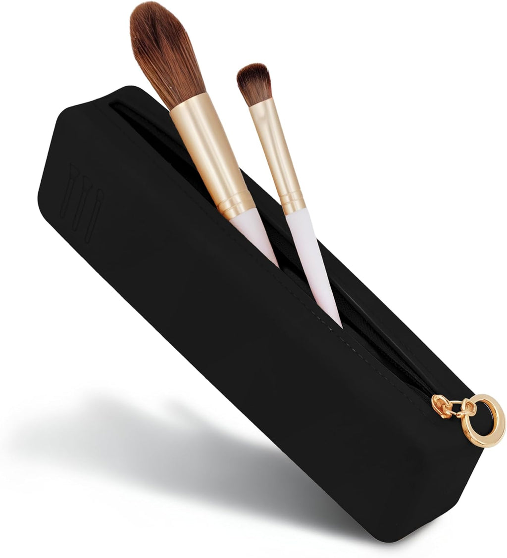 Nuomeisi Silicone Makeup Brush Holder, Portable Travel Essentials, Stand-up Cosmetic Bag Case, Toiletry Organizer with Upgraded Zipper Closure- Ideal for Daily Use and Travel (Black)