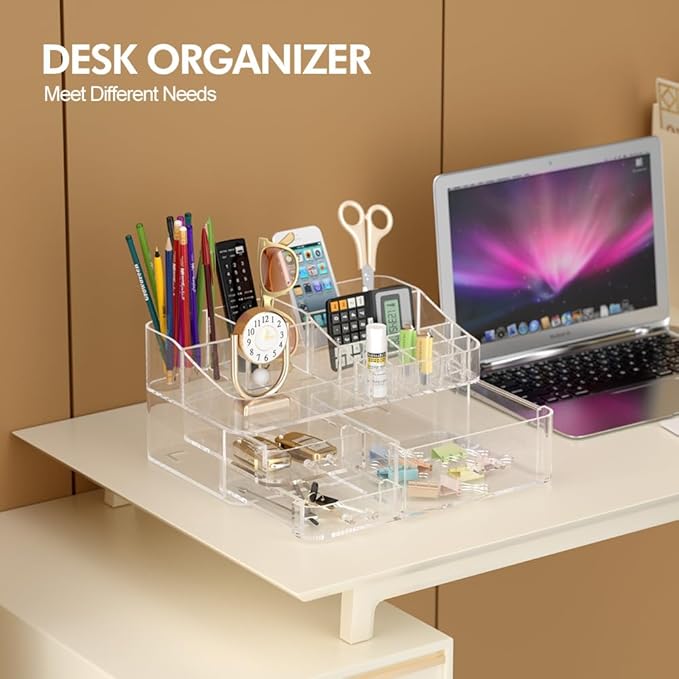 Makeup Organizer for Vanity, Acrylic Large Desk Organizer with Drawers, Ideal Vanity Holder for Cosmetics, Lipsticks, Nail Polish, Skincare, Countertop, Bathroom, Dresser