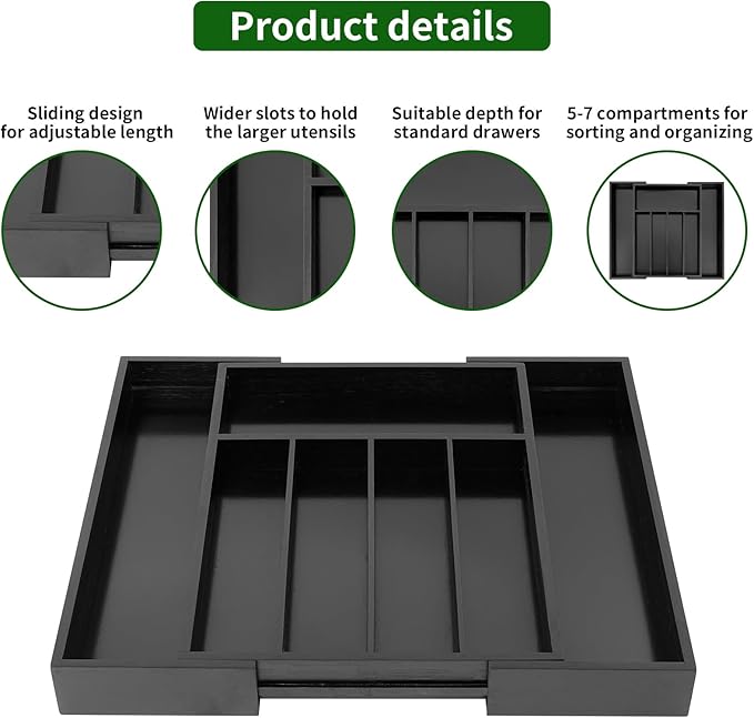 VaeFae Bamboo Drawer Organizer, Expandable Silverware Drawer Organizer, Cutlery Tray with Dividers for Kitchen Utensils (Black, Medium)