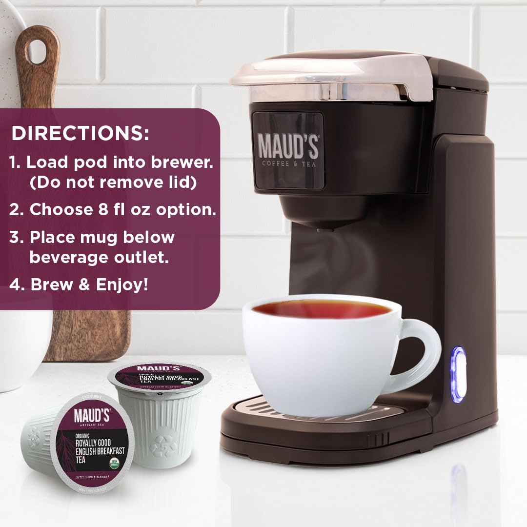 Maud's Organic English Breakfast Black Tea Pods, 100 ct, Recyclable Single Serve Pods – 100% Gourmet Blended Tea Leaves, Compatible with Keurig K Cups Maker