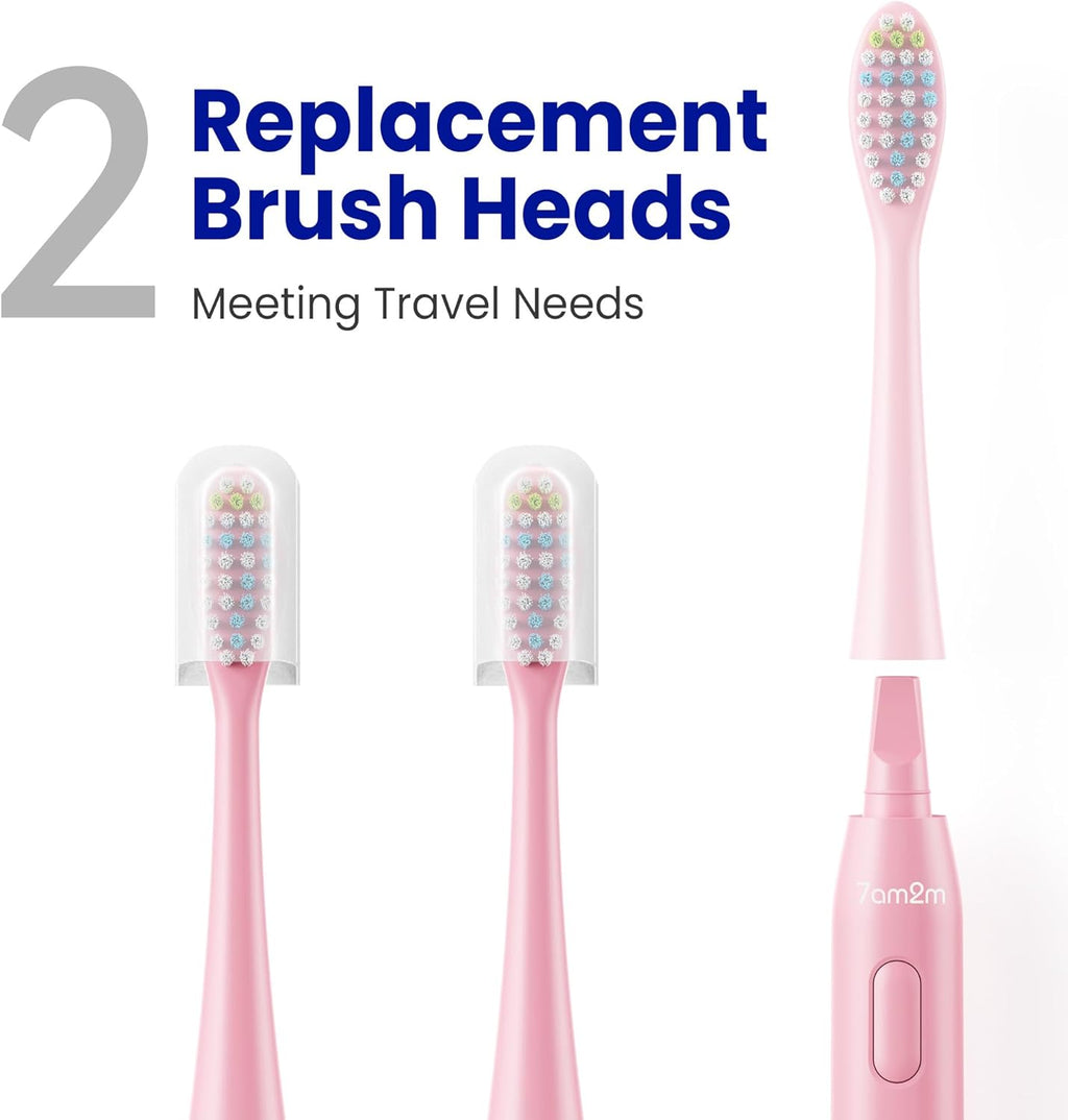 7AM2M Sonic Electric Toothbrush for Adults & Kids, with Travel Case&2 Brush Heads, 1 Charge for 90 Days, Type-C Rechargeable Sonic Toothbrush, Compact Design for Daily/Travel Use - Rose