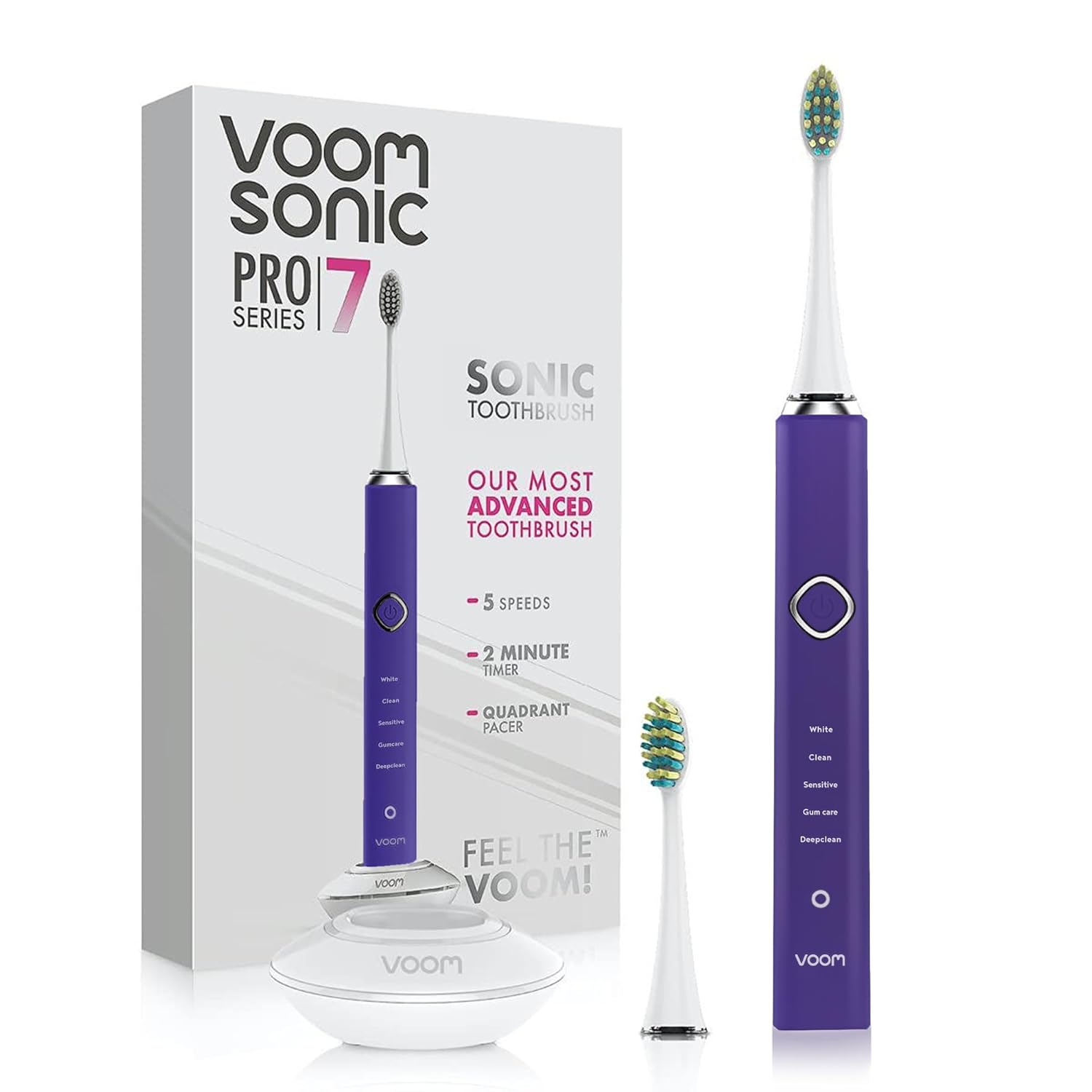 Voom Sonic Pro 7 Rechargeable Electronic Toothbrush + Pro 7 Series Replacement Brush Heads - 2-Minute Timer with Quadrant Pacing & 5 Adjustable Speeds,Soft Dupont Nylon Bristles Oral Care - Purple
