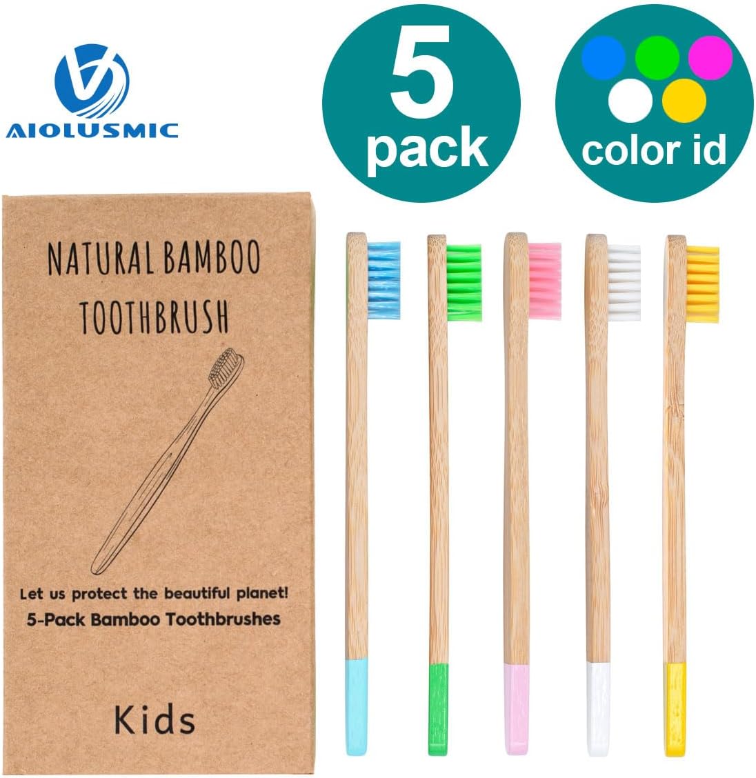 Kids Bamboo Toothbrushes 5 Pack, Children's Toothbrush Soft Bristles Eco Friendly Biodegradable Wooden Handle Tooth Brush